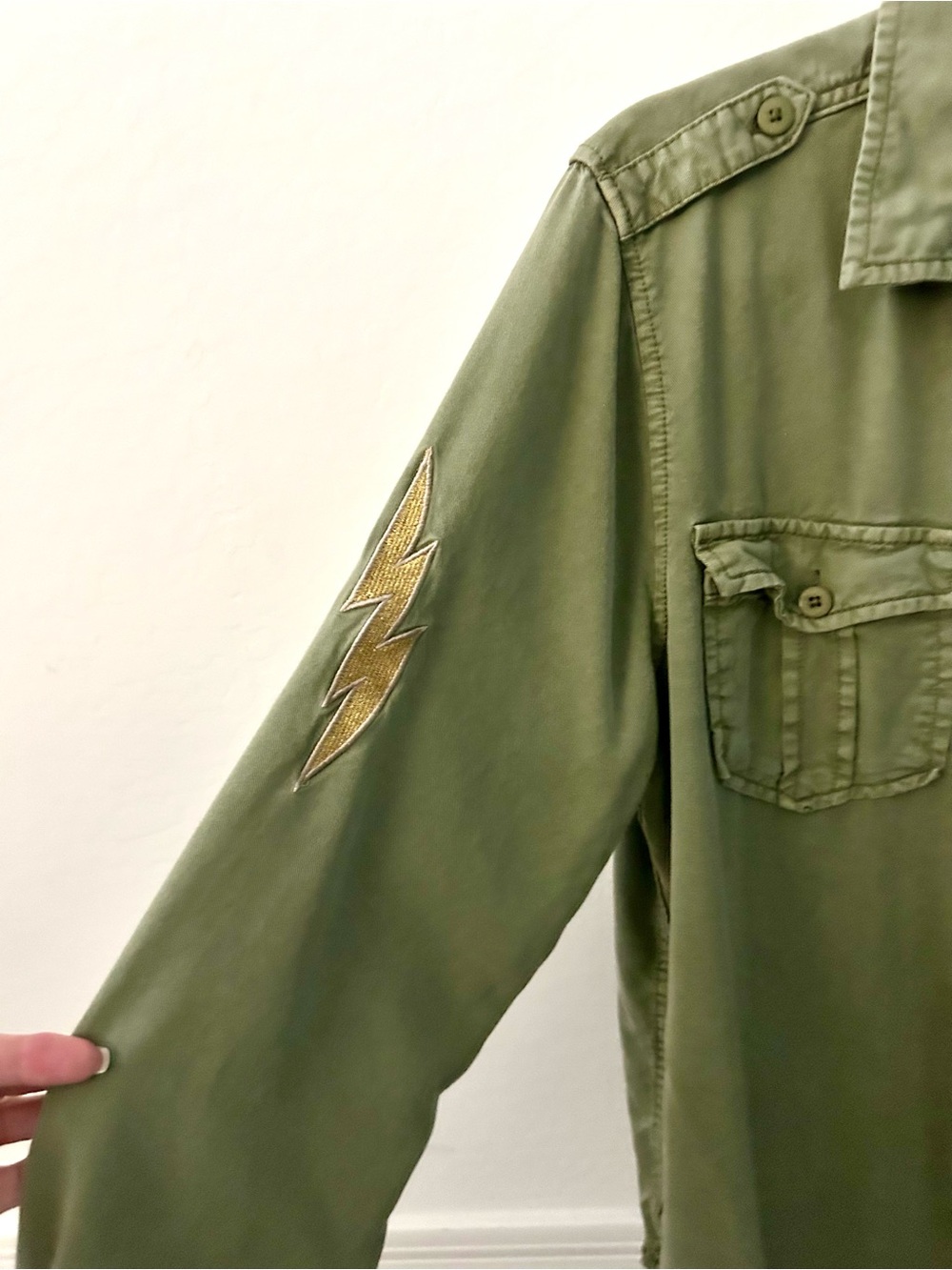 Elan Olive Green Button-Down Shirt with Gold Lightning Patch